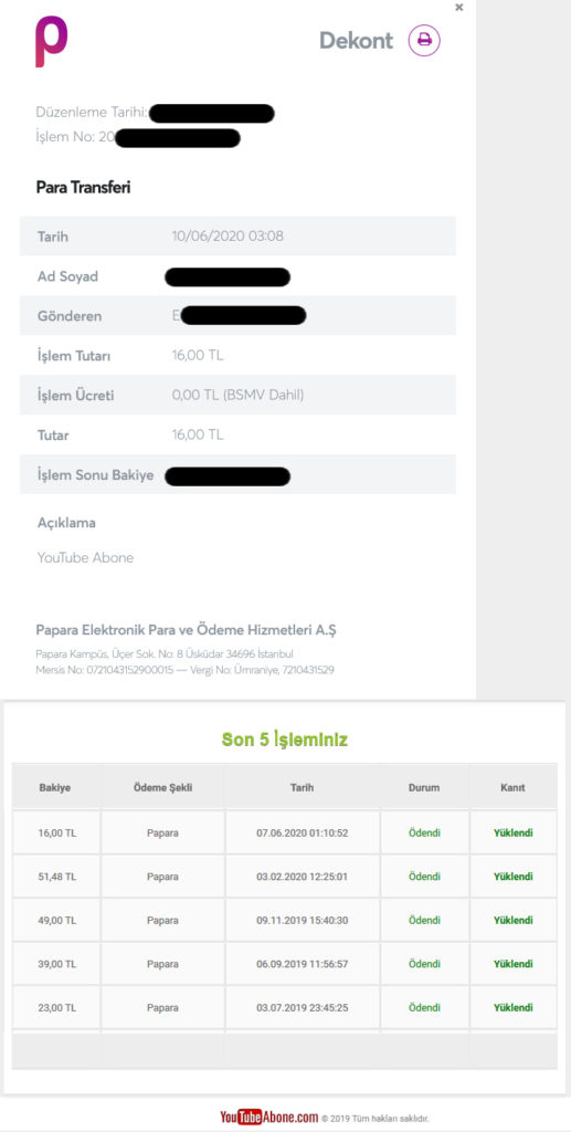 YouTubeAbone Ödeme Belgesi