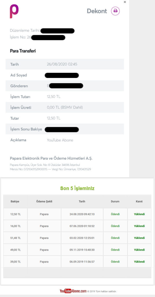 YouTubeAbone Ödeme Kanıtı