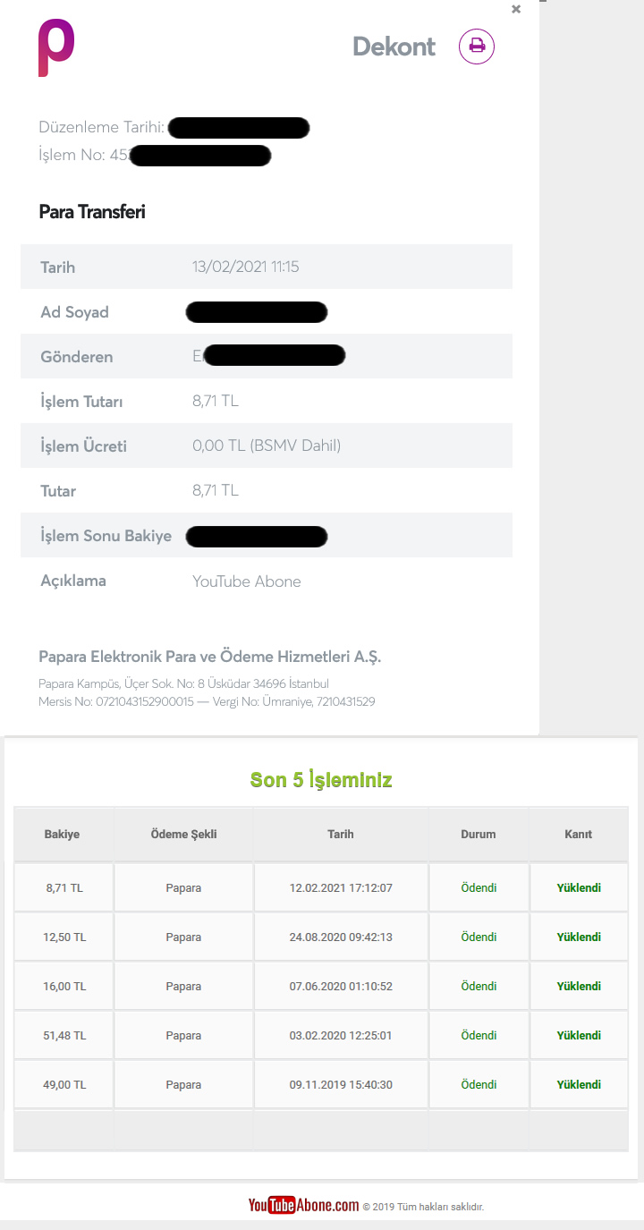YouTubeAbone Ödeme Belgesi